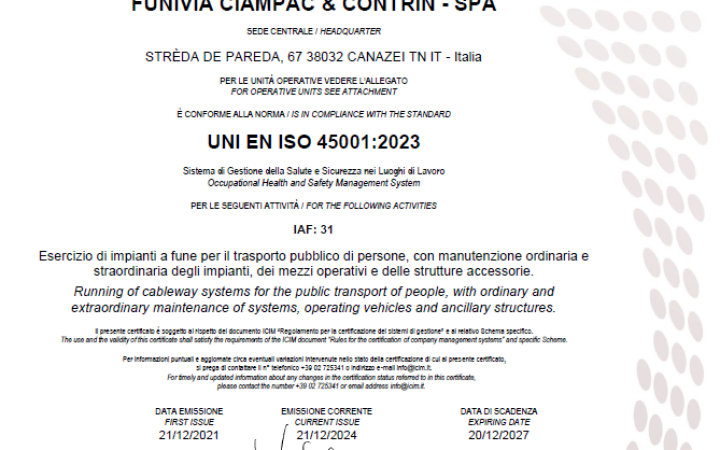 Certificato Sicurezza 45001 Funivia Ciampac e Contrin Spa